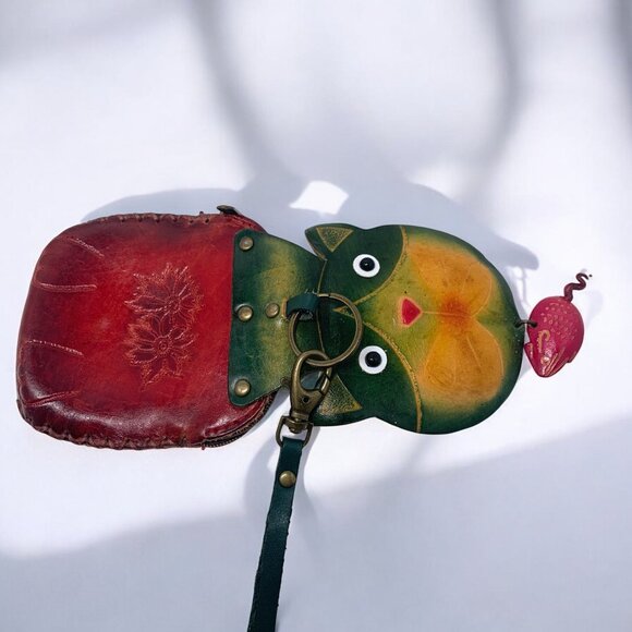 Vintage Leather Cat Coin Purse Wristlet • Hand-Painted • Whimsical Kitty Bag - Picture 3 of 9